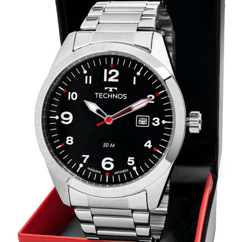 Relógio Masculino Technos Militar Fundo Preto Calendário 50m Correia Prateado Bisel Prateado