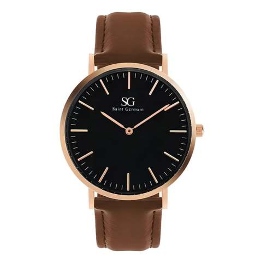 Relógio Minimalista De Couro Bronx Black Rosé Gold 40mm Cor da correia Marrom Cor do fundo Preto