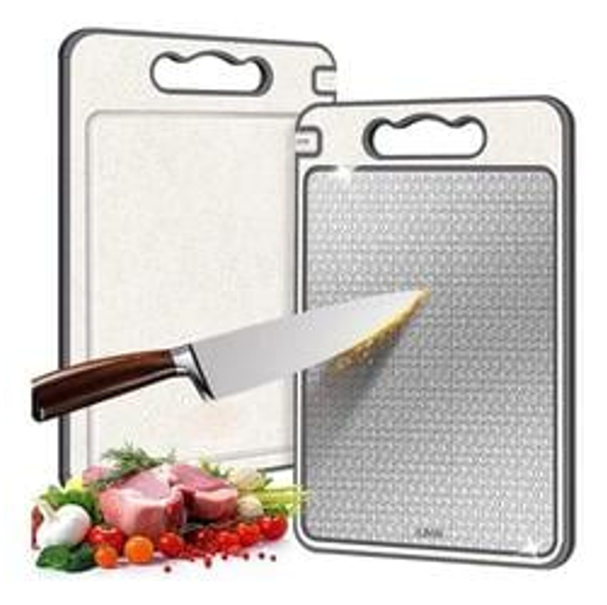 LUMAI Tábua de Corte para Cozinha Dupla Face Aço Inoxidável e PP, Superfície Higiênica para Carnes, Frutas e Vegetais, Afiador Integrado, Canaletas Antirrespingo, Base Antiderrapante e Alça Ergonômica
