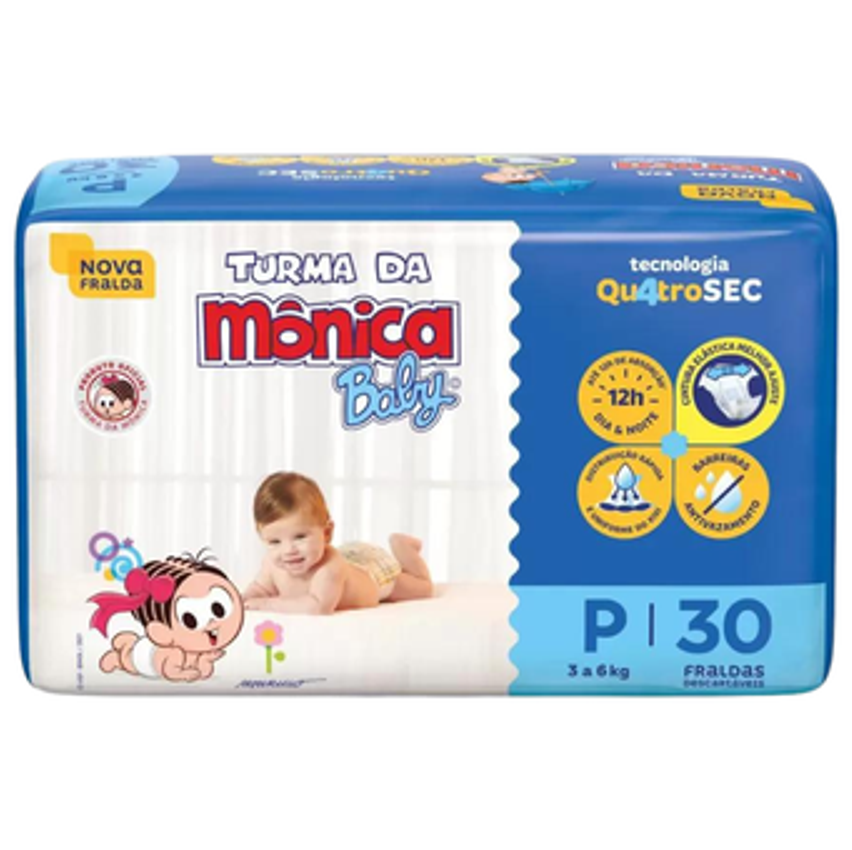 Fralda Turma da Mônica Baby Tam. P 3 a 5kg - 30 Unidades