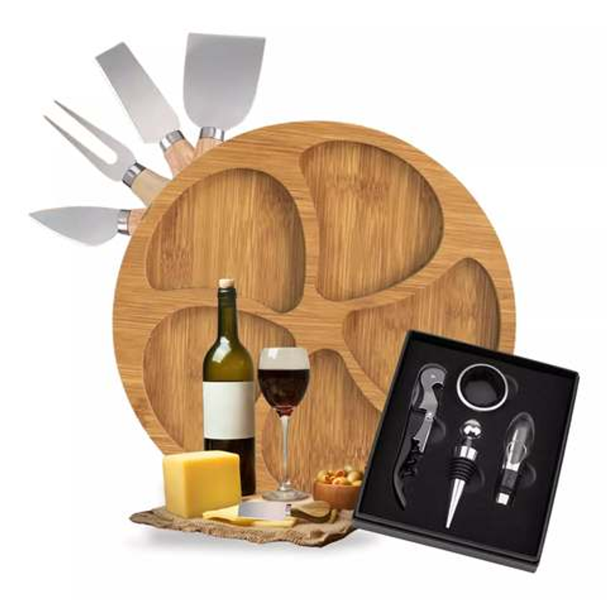 Kit Vinho 4 Peças + 4 Facas P Queijo + Petisqueira  Presente