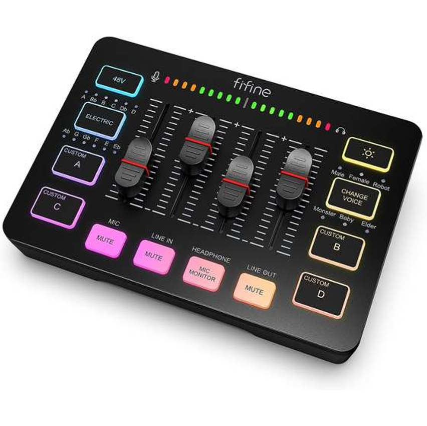 Fifine Gaming Audio Mixer, Mixer Rgb Para Pc De Streaming Com Interface De Microfone Xlr, Controle Individual, Botão De Silenciar, Alimentação Phantom 48v, Para Podcast/gravação/vocal/voz De Jogo-sc3