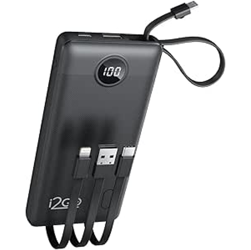 Carregador Portátil (Power Bank) I2GO 10000mAh 4 em 1 Com Cabos Acoplados (Micro USB, USB-C, Lightning e USB-A) Preto - I2GO PRO