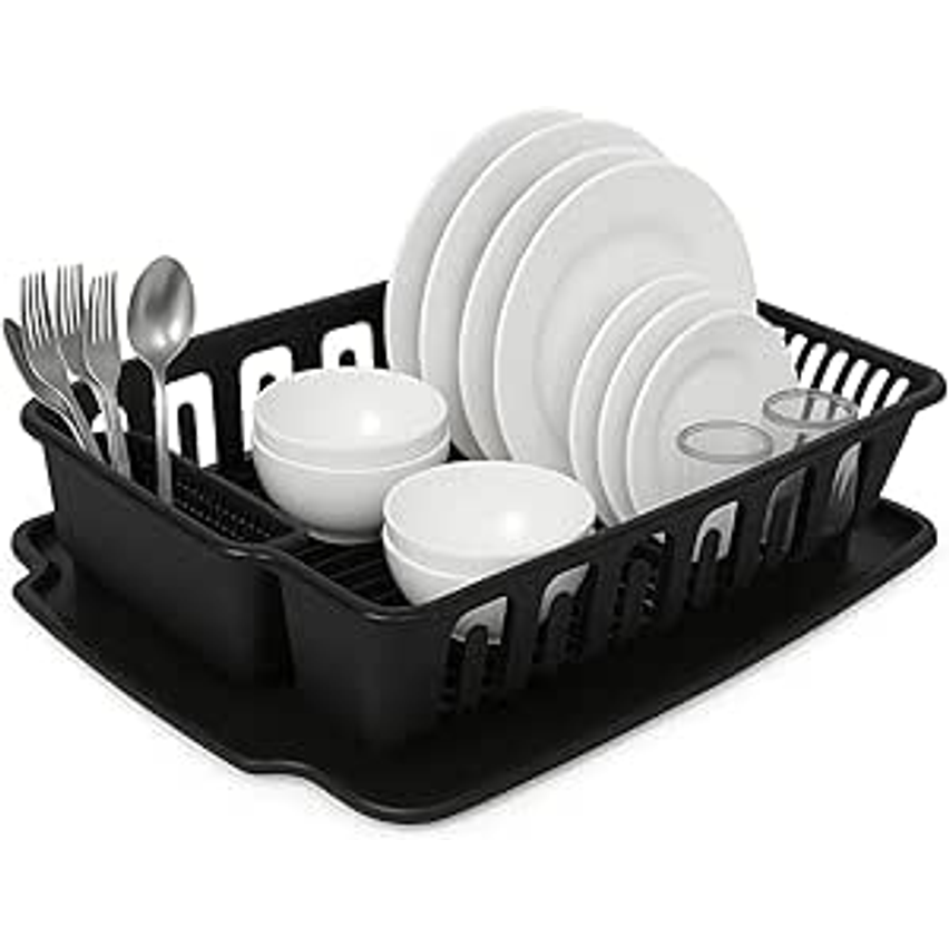 Escorredor de Louça 14 Pratos Com Porta Copos Talheres e Bandeja (Preto)