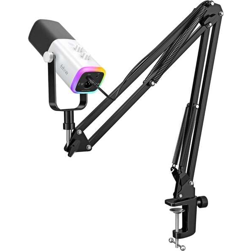 FIFINE conjunto de microfone para jogos XLR/USB, mic dinâmico para PC para podcasting, kit de microfone RGB para computador com suporte para braço de lança,para gravação de voz vocal-AM8T Preto
