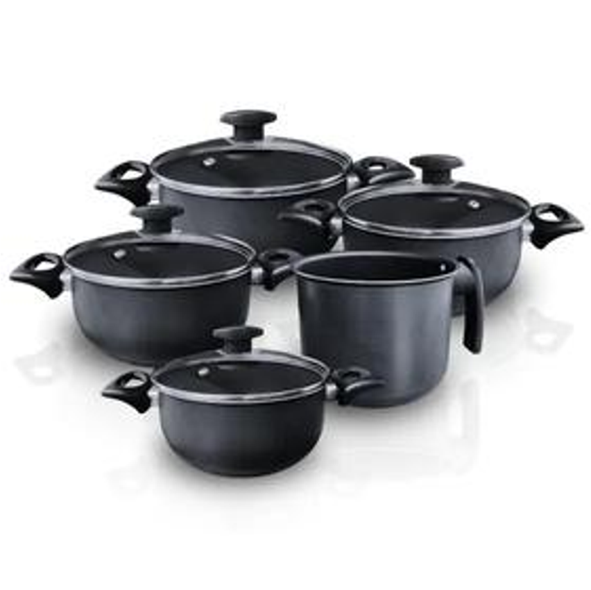 Conjunto Jogo Panelas Caçarola C/ Fervedor Antiaderente Preto Tampa Vidro - Alumínios Portela