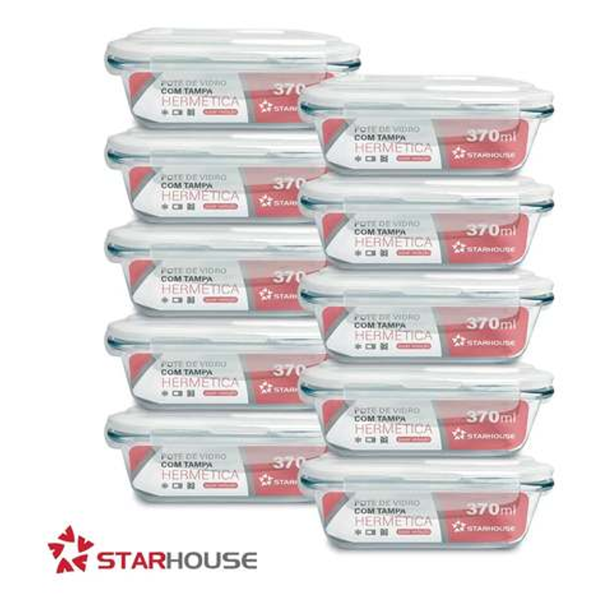 Kit 10 Marmitas Vidro Hermético Vidro Tampa Trava 370ml Star House