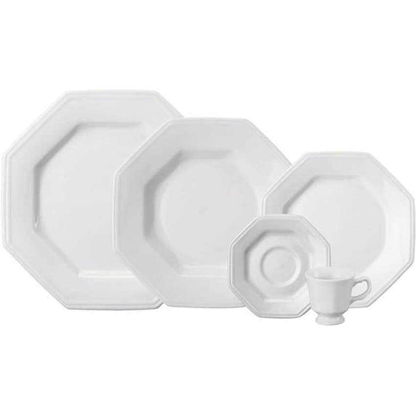 Serviço de Jantar e Chá em Porcelana, 20 Peças, Modelo Octogonal Prisma, Branco, Porcelana Schmidt