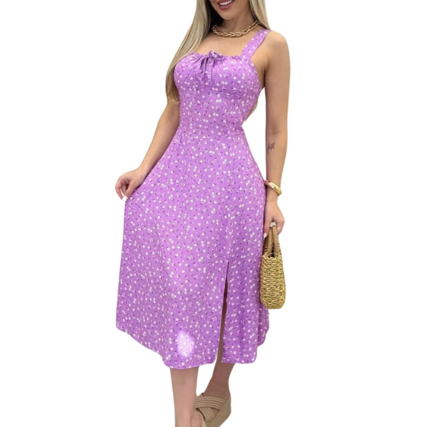Vestido Midi Com Fenda Lateral Moda Verão 3.0 Girls Alça