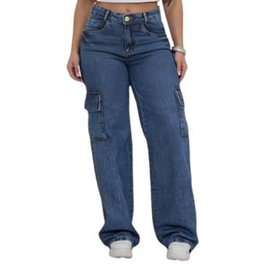 Calça Jeans Feminina Cargo Levanta Bumbum Cintura Alta 100%