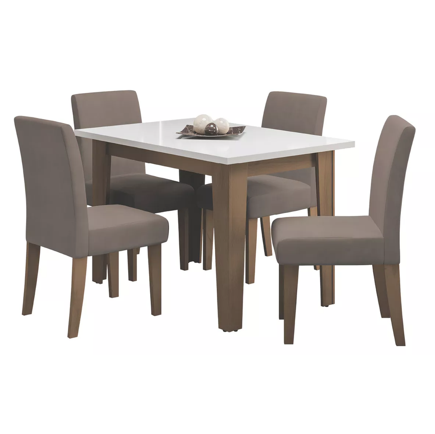 Conjunto de Mesa Sala de Jantar Miami com 4 Cadeiras Trieste Suede 1,20m Cedro / Off White / Mascavo Dobuê