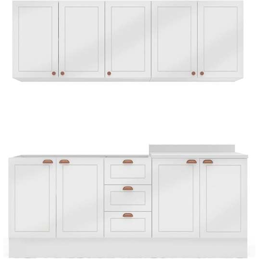 Cozinha Pérola com Rodapé 4 Peças Aéreos com 5 Portas, Balcão 2 Gavetas 3 Portas e Balcão 2 Portas Y Branco