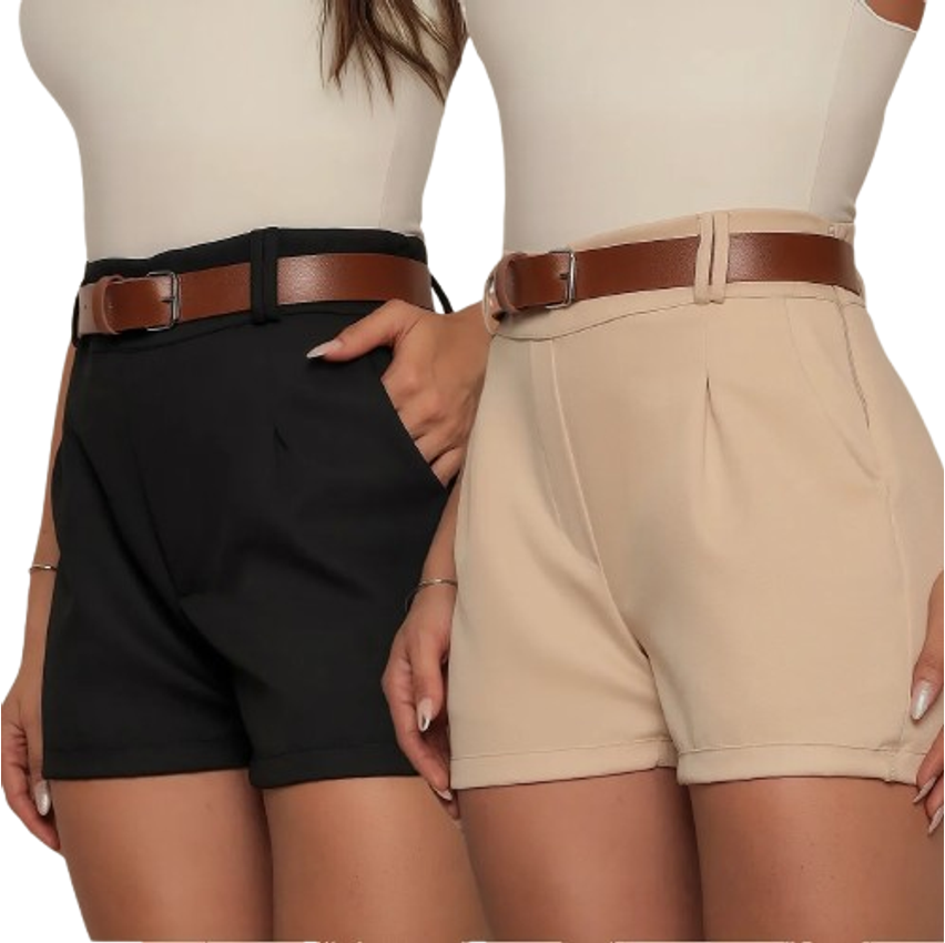 Kit 02 Shorts Alfaiataria Feminino Social Com Cinto Elegante