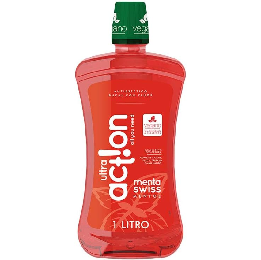 Enxaguante Bucal Menta Swiss, Sem Triclosan, Sem Parabeno, Previne Contra A Cárie, Hálito Saudavél, Produto Vegano, Ultra Action, 1 L