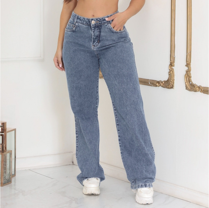 Calça Jeans Wide Leg Feminina Cintura Alta Sem Lycra Stillge