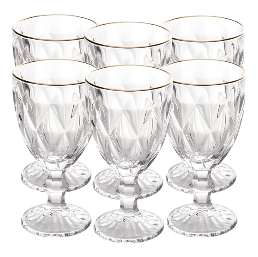 Jogo De Taças Ouro Diamante De Vidro 6 Peças 340ml Água Suco