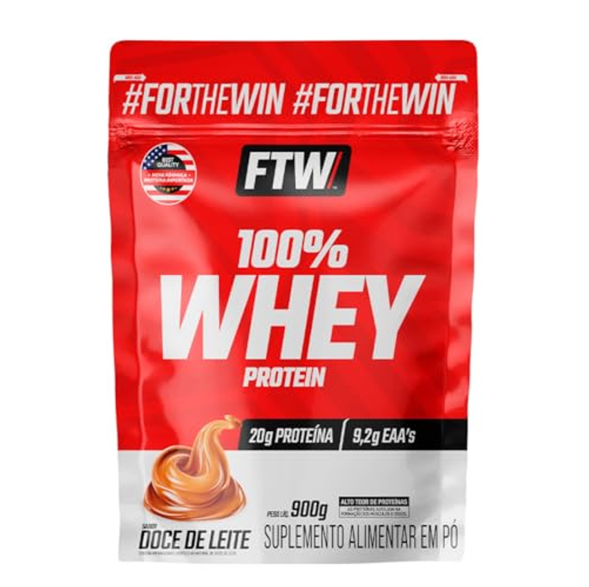 FTW 100% Whey Protein com Proteína Concentrada WPC, Suplemento Alimentar Pós-Treino em Pó com Fonte de Proteína do Soro do Leite, Alto Valor Biológico, Sem Glúten – Refil 900g (Sabor Doce de Leite)