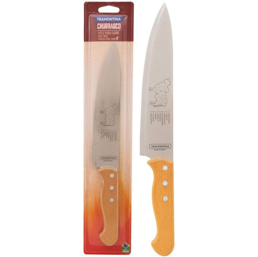 Faca para Carne Tramontina Churrasco com Lâminas em Aço Inox e Cabo de Madeira Natural 8"