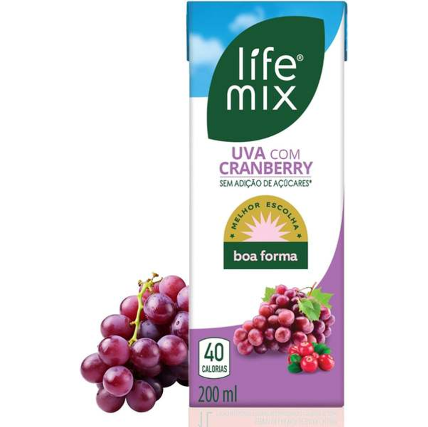 LIFE MIX - Suco de Uva com Cranberry Natural Baixa Caloria - Sem Adição de Açúcares, Sem Conservantes e Corantes, Vitaminas C e D, Cálcio, Fibras e Ácido Fólico - Vegano - 200ml