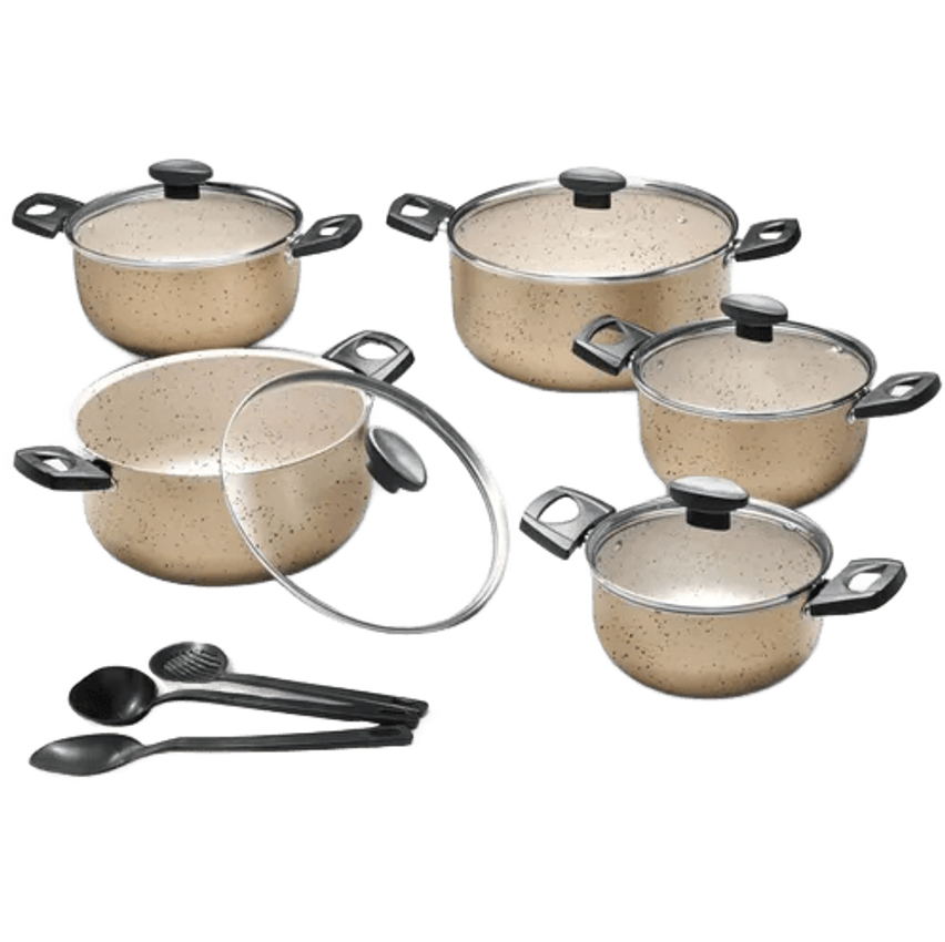 Jogo Conjunto De Panelas Antiaderente 5 Peças Tampa De Vidro Cor Vanilla