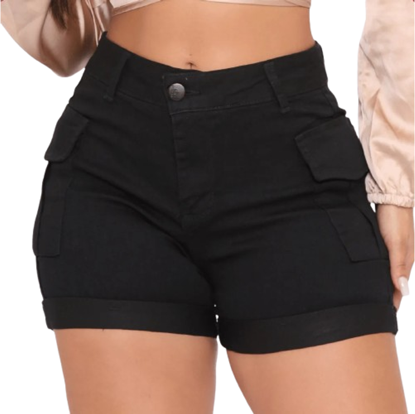 Short Jeans Feminino Shorts Cargo Com Lycra Cintura Alta