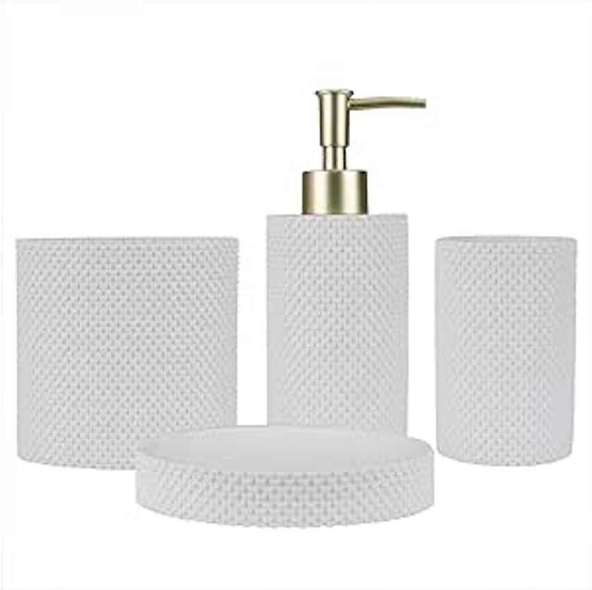 LUMAI Kit Acessórios para Banheiro Resina Santorini 4 Peças, Dispensador de Sabonete Líquido, Saboneteira, Porta-Escovas e Copo Multifuncional, Conjunto Organização para Banheiro, Resistente e Durável