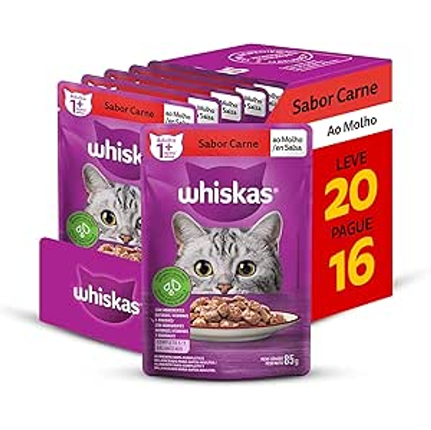 Pack Ração Úmida Whiskas Sachê Carne ao Molho para Gatos Adultos - Leve 20 Pague 16