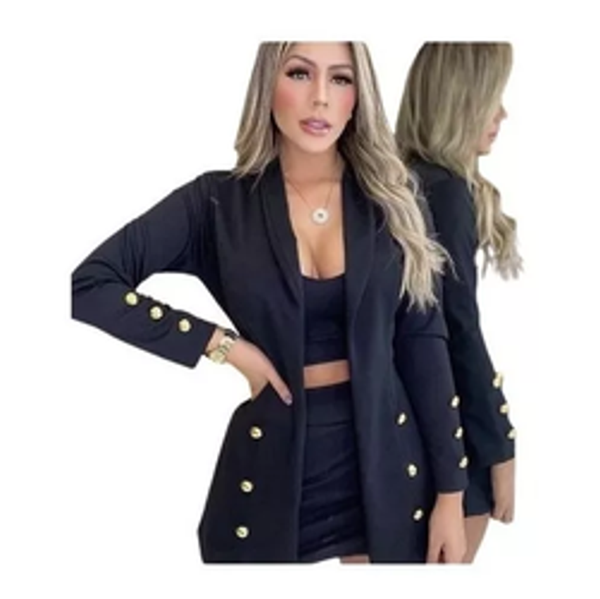 Blazer Feminino Alongado Social Alfaiataria Botão Dourado