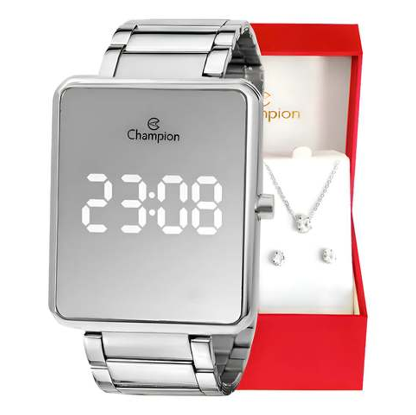 Relógio Feminino Champion Espelhado Digital Colar E Brincos Cor da correia Prata 2