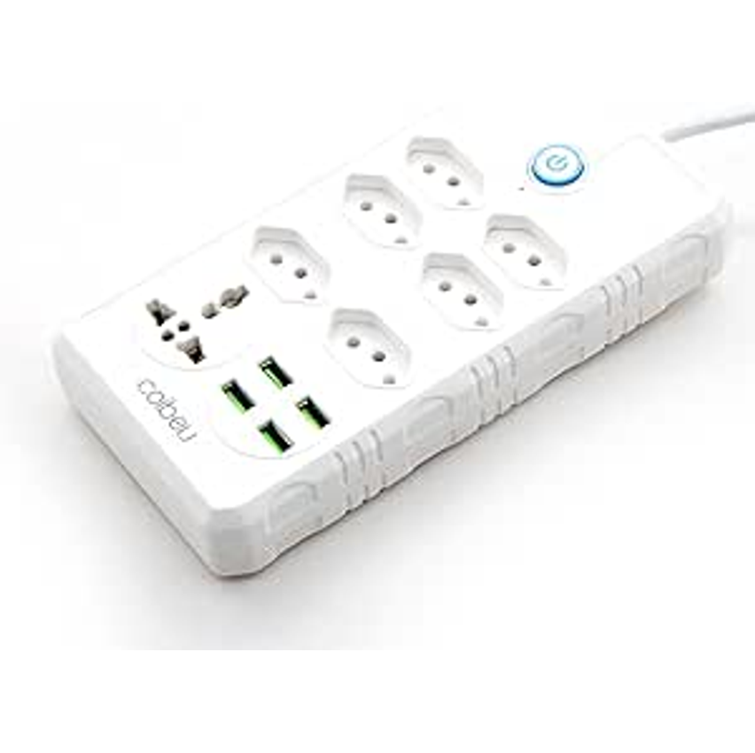 Extensão Tomada, Régua Tomada, Régua de Energia, 6 Tomadas, 4 Interfaces USB, 1 Tomada Universal, Cabo de Alimentação de 1,9 metros, Suporte a Tensão de 110-220V, Potência de 2500W, Branco