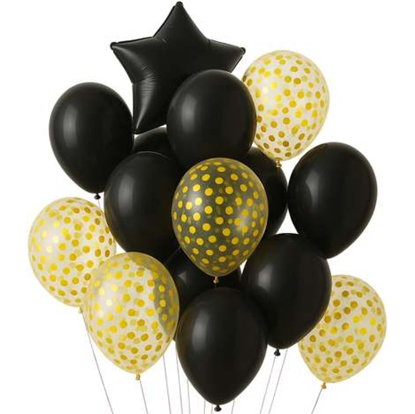 Kit Buquê de Balões Metalizados 14 Peças para Festa – Decoração de Aniversário, Amor, Casamento ou Dia dos Namorados (PRETO E DOURADO)