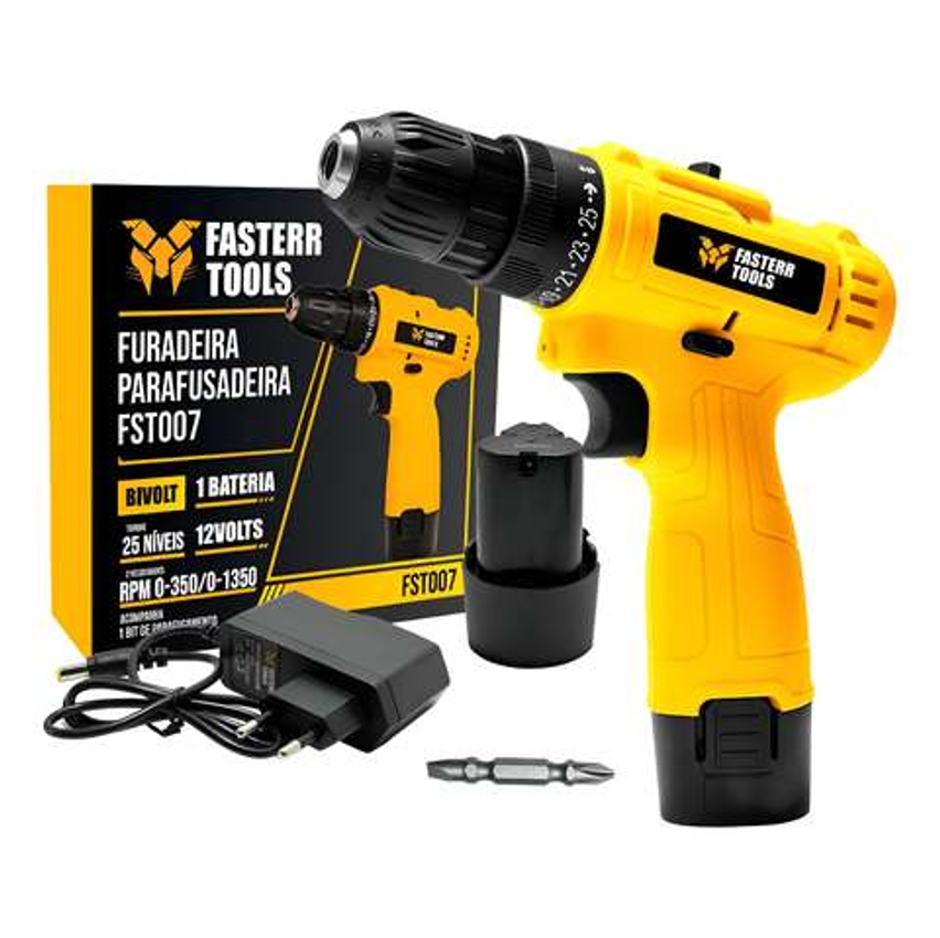 Parafusadeira Furadeira 3/8 10mm Bivolt A Bateria Com Carregador - Fasterr Tools