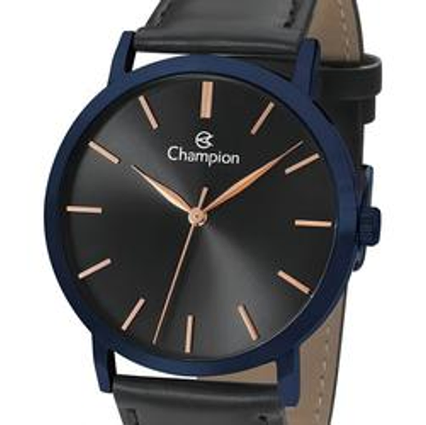 Relógio Champion Masculino Social Original Couro Preto Cor do bisel Azul