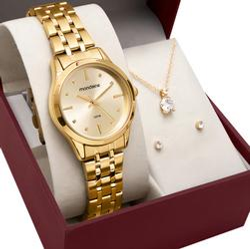 Kit Relógio Mondaine 32611LPMKDE1K1 Dourado + Colar e Brincos