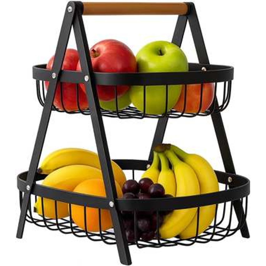 Fruteira de Mesa 2 Andares de Metal com Alça de Bambu – Cesta Organizadora de Frutas Decorativa para Cozinha e Sala