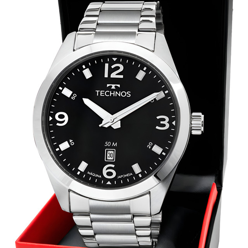 Relógio Masculino Technos Militar Em Aço Prateado Fundo Preto Calendário Prova D'água