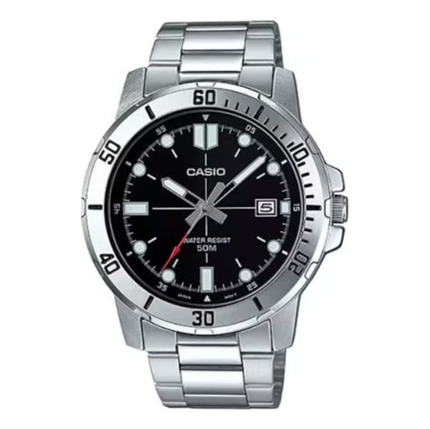 Relogio Casio Masculino Mtp-vd01d 1evu Prateado Preto Correia Prata Bisel Prata