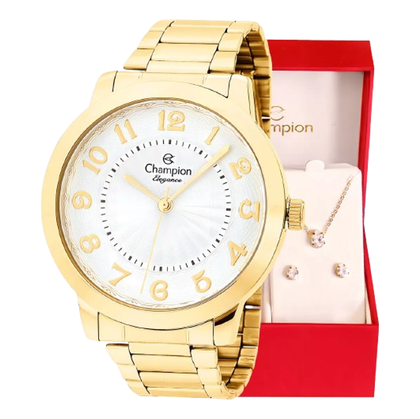 Relógio Feminino Champion CN25118W Fundo Branco + Kit Colar e Brincos