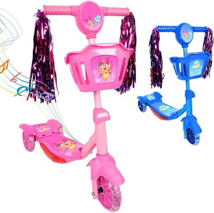 Patinete Infantil 3 Rodas com Luzes Led e Cesta Emite Som Musical Altura Regulável e Freio Traseiro (Rosa)