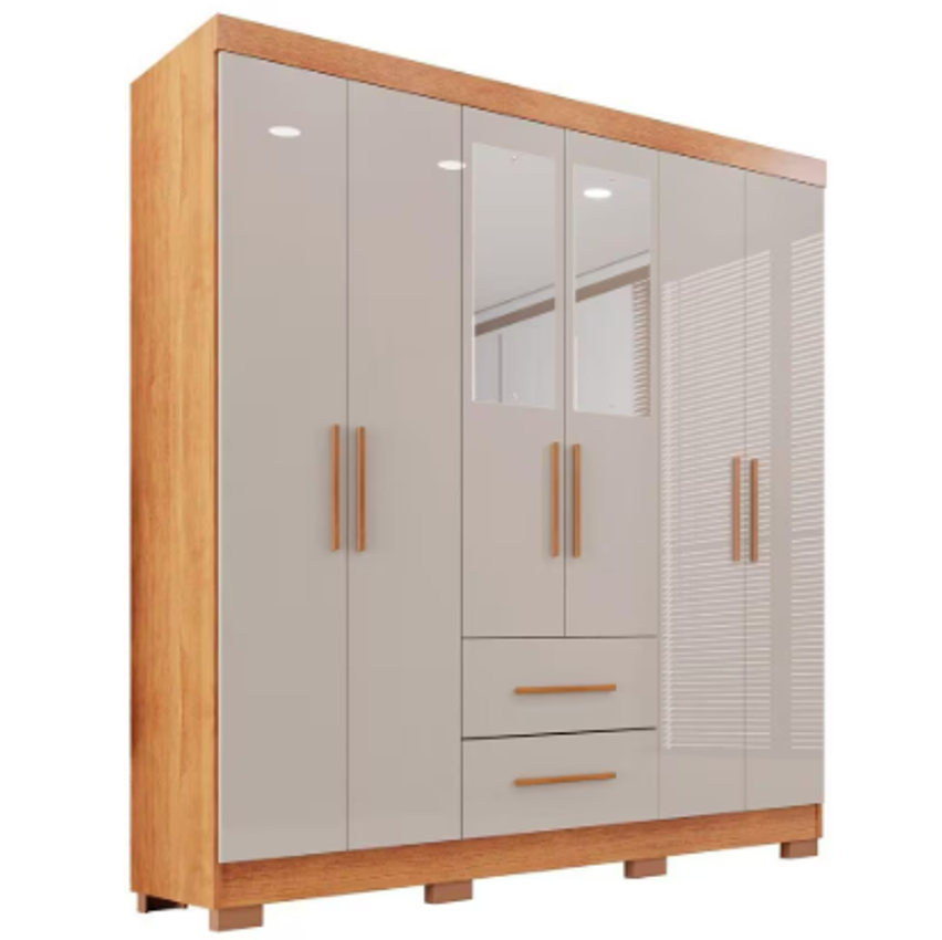 Guarda-roupa Casal com Espelho 6 Portas 2 Gavetas Estrela Premium Cinamomo/Off-White - Off White