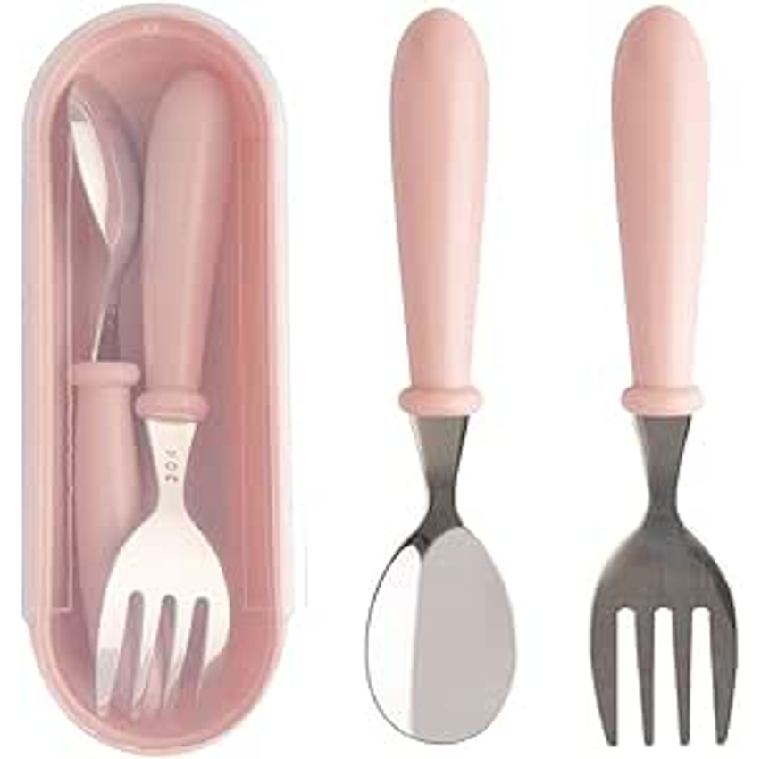 Jogo Talheres Colher Garfo Inox Infantil Kit Com Estojo Bebê, introdução alimentar, passeios e viagens, Rosa - Clink