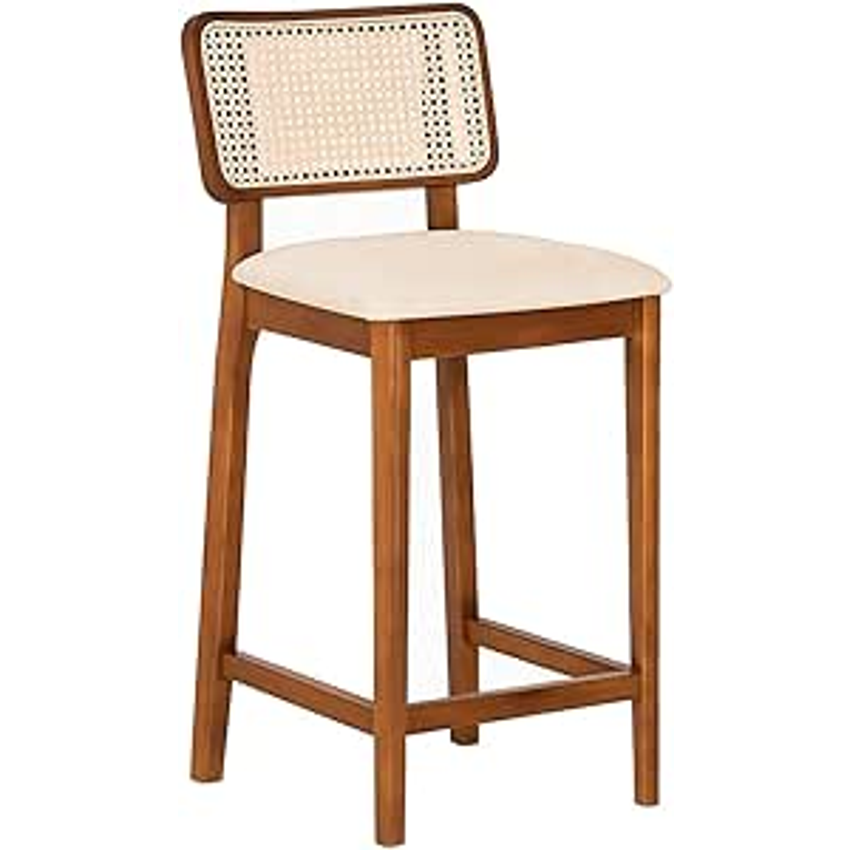 Banqueta Alta Madeira Maciça Com Encosto Curvado em Rattan Tecido Linho Bege Claro - Lilia