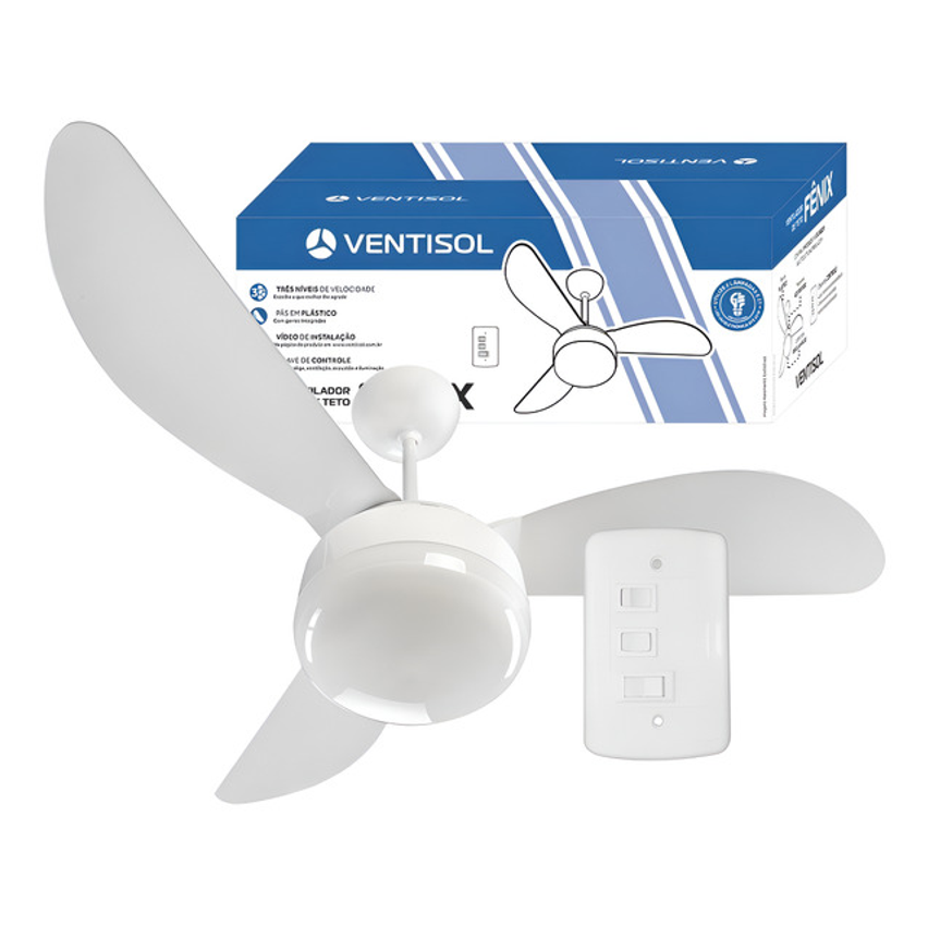 Ventilador De Teto Ventisol Fênix Branco Com 3 Pás De Plástico 96 Cm De Diâmetro