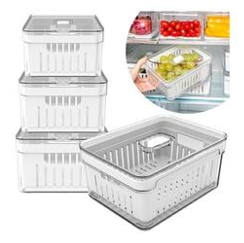 Kit 4 Organizadores Vittak Geladeira Armário Casa Cozinha Cesto Conservar Alimentos Verduras Frutas Plástico Acrílico 2.2L Clear Fresh Transparente