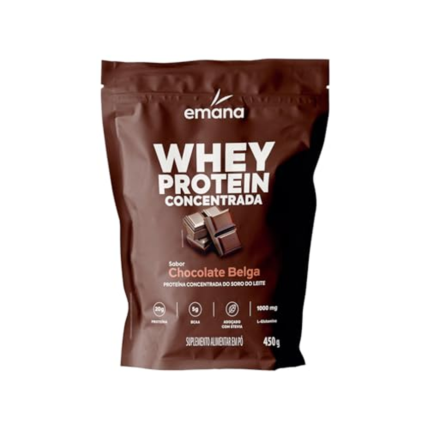 Emana Suplemento Alimentar em Pó Whey Protein Adoçado com Stevia Sabor Chocolate Belga - 450g