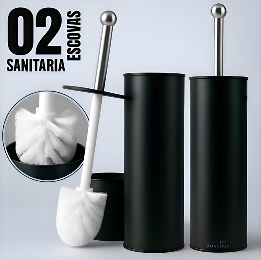 Escova Sanitária Luxo Vaso Sanitário Kit 02 Unidades Inox Preta Marca Kururuá