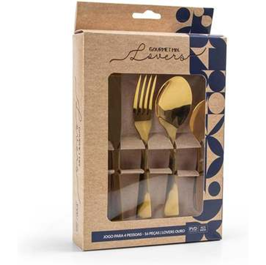 Faqueiro Dourado Lovers Aço Inox 16 Peças Gourmet Mix