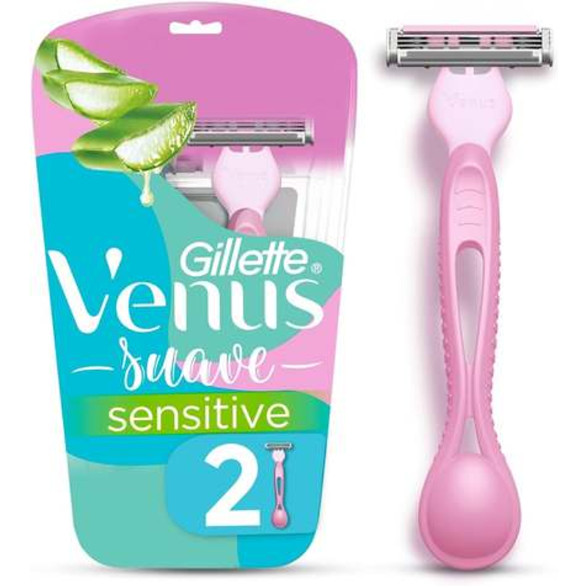 GILLETTE Venus Suave Sensitive, Aparelho de Depilação Feminino, 2 Aparelhos Descartáveis com Skin Elixir, Depilação Corporal para Pele Sensível