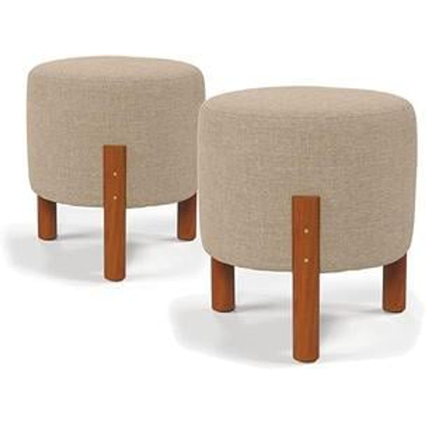 Kit 2 Puff Banquinho Redondo Decorativo Thor em Linho Pés Madeira Maciça Cor Bege