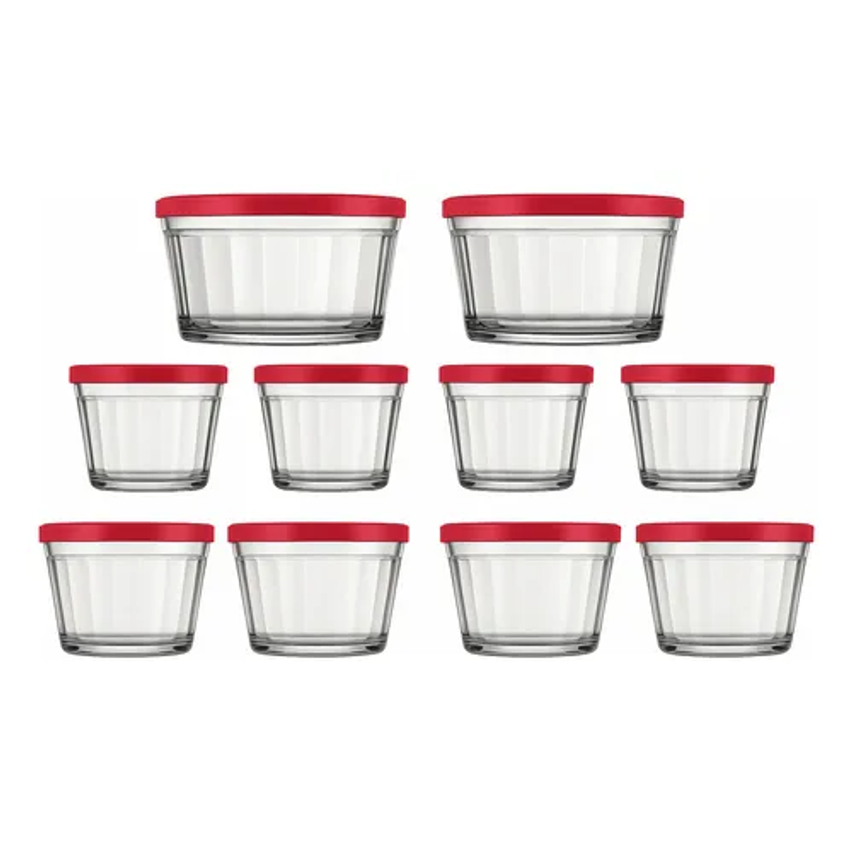 Conjunto De Tigelas Copo Americano Com Tampa de Plástico Vermelha - 10 Peças